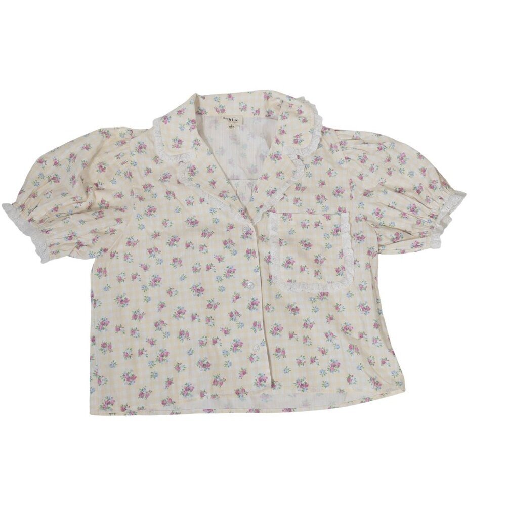 Cottage Core Peach Love Yellow and White Gingham Floral Top SZ S Puff Sleeve - Picture 9 of 13